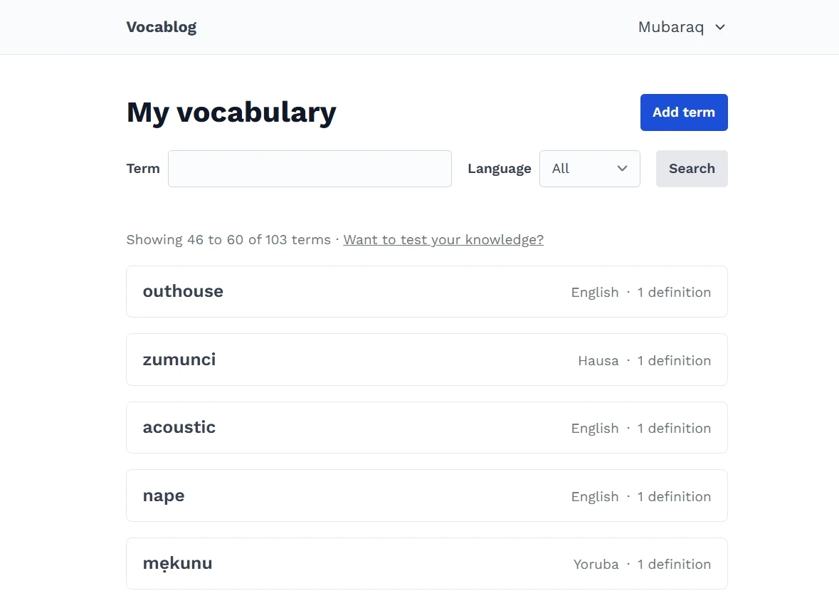A screenshot of Vocablog